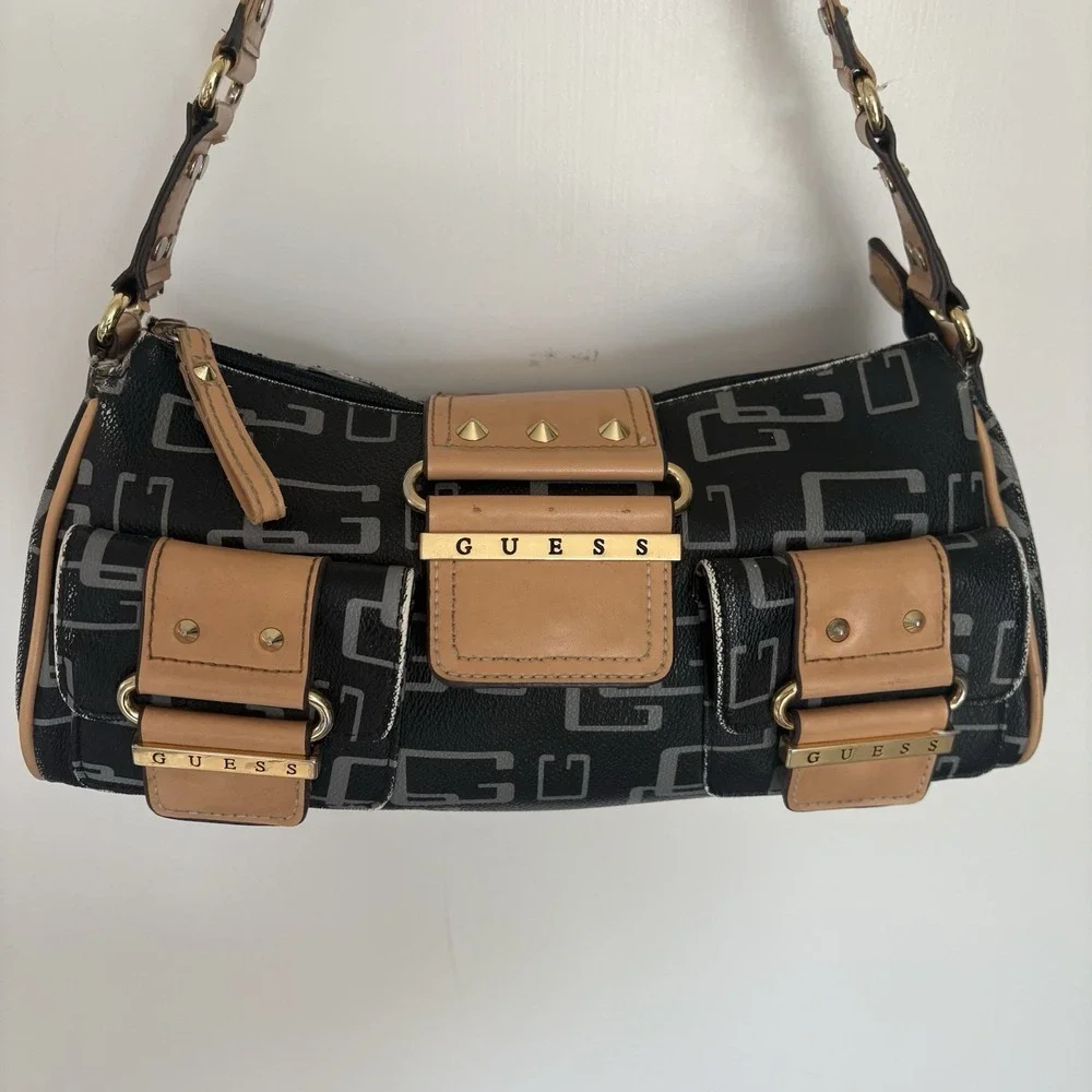 Guess Monogram Y2K 2000's Vintage Shoulder Handbag Purse Black Synthetic Leather